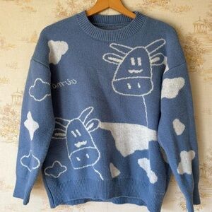 Blue and white cute cow print knit crewneck pullover sweater